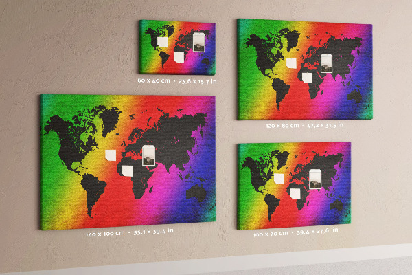 Tableau affichage liège Carte du monde arc-en-ciel sur fond coloré