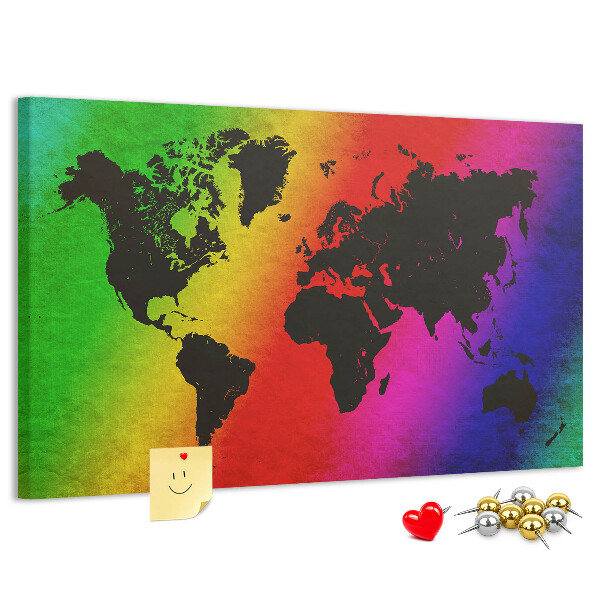 Tableau affichage liège Carte du monde arc-en-ciel sur fond coloré