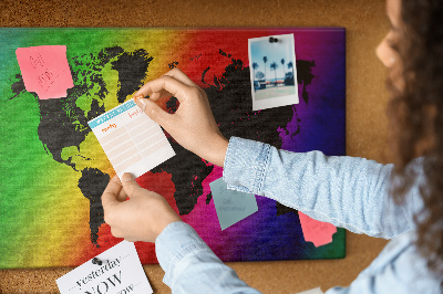 Tableau affichage liège Carte du monde arc-en-ciel sur fond coloré