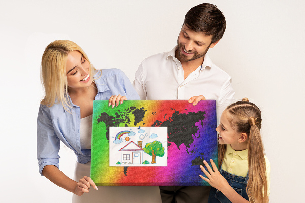 Tableau affichage liège Carte du monde arc-en-ciel sur fond coloré
