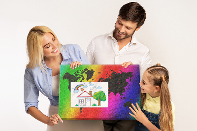 Tableau affichage liège Carte du monde arc-en-ciel sur fond coloré