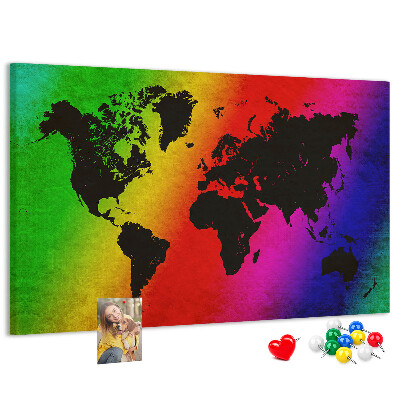 Tableau affichage liège Carte du monde arc-en-ciel sur fond coloré
