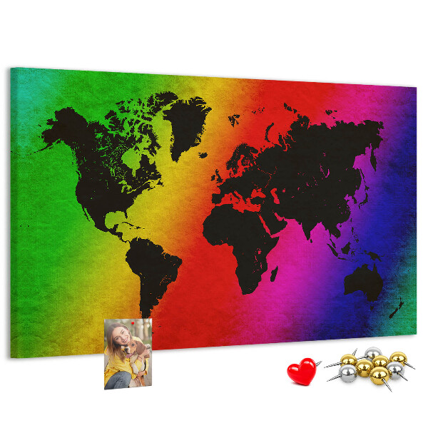 Tableau affichage liège Carte du monde arc-en-ciel sur fond coloré