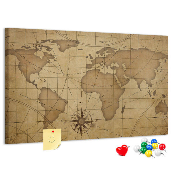 Tableau de liège Carte du monde antique avec boussole
