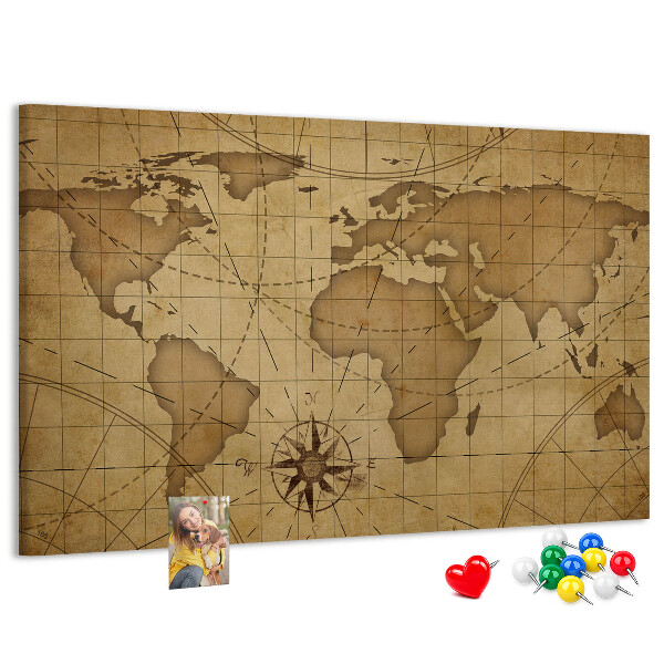 Tableau de liège Carte du monde antique avec boussole