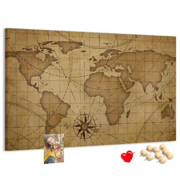 Tableau de liège Carte du monde antique avec boussole