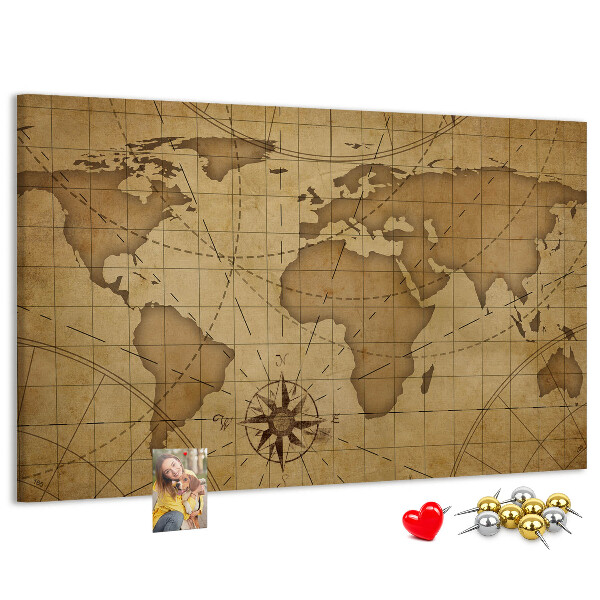 Tableau de liège Carte du monde antique avec boussole