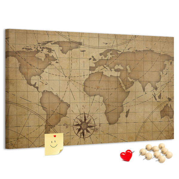 Tableau de liège Carte du monde antique avec boussole