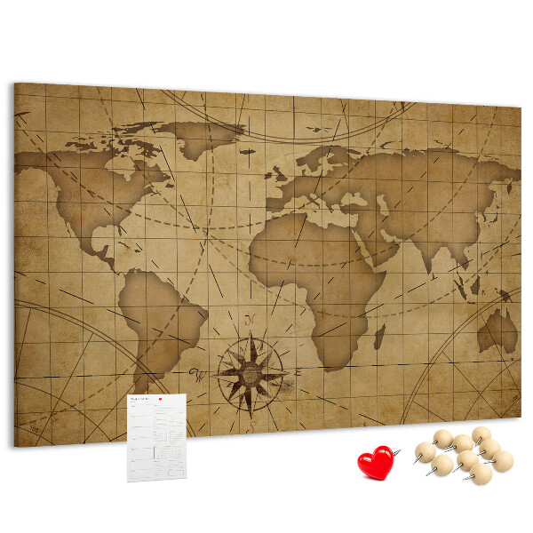 Tableau de liège Carte du monde antique avec boussole