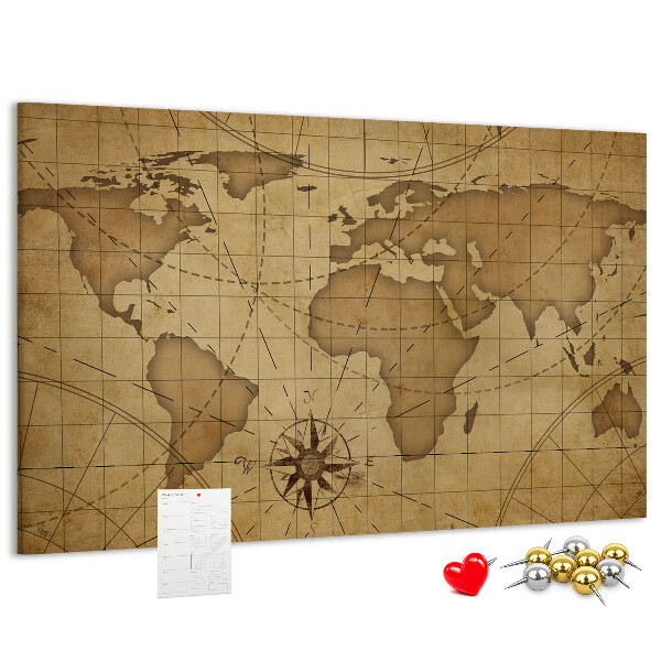Tableau de liège Carte du monde antique avec boussole