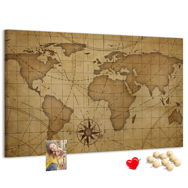 Tableau de liège Carte du monde antique avec boussole