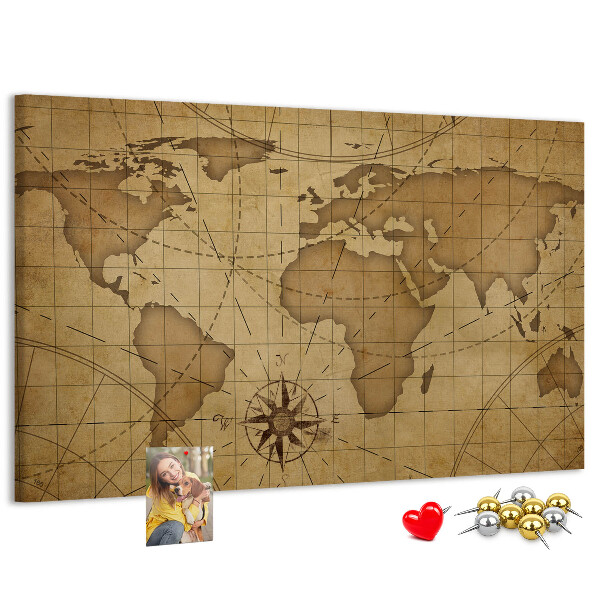 Tableau de liège Carte du monde antique avec boussole