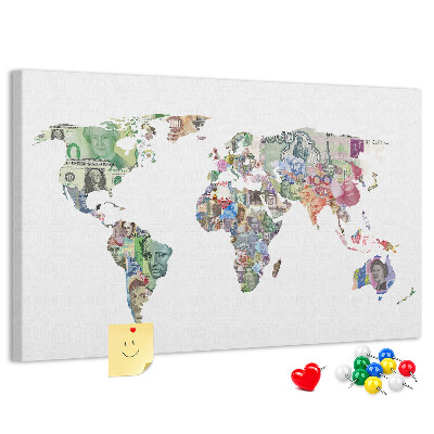 Tableau affichage liège Une carte du monde réalisée avec des billets de banque de différents pays