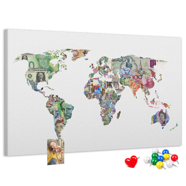 Tableau affichage liège Une carte du monde réalisée avec des billets de banque de différents pays