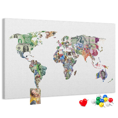 Tableau affichage liège Une carte du monde réalisée avec des billets de banque de différents pays