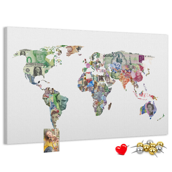 Tableau affichage liège Une carte du monde réalisée avec des billets de banque de différents pays