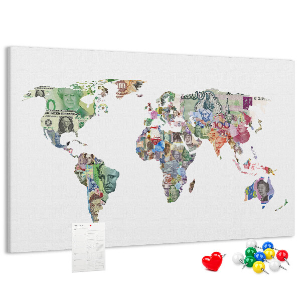 Tableau affichage liège Une carte du monde réalisée avec des billets de banque de différents pays