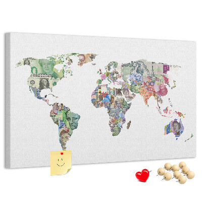 Tableau affichage liège Une carte du monde réalisée avec des billets de banque de différents pays