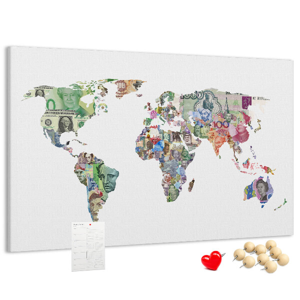 Tableau affichage liège Une carte du monde réalisée avec des billets de banque de différents pays