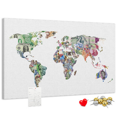 Tableau affichage liège Une carte du monde réalisée avec des billets de banque de différents pays