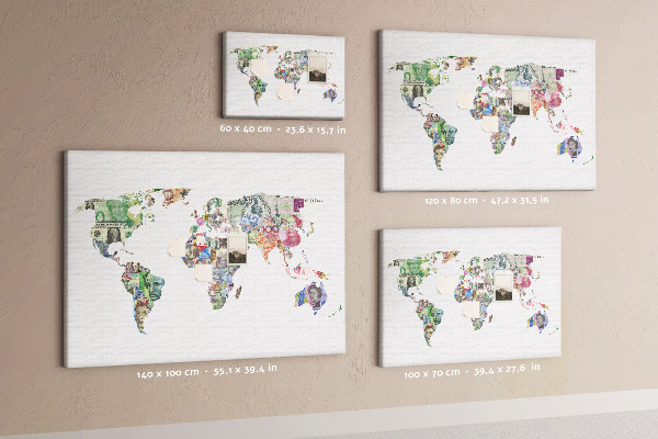 Tableau affichage liège Une carte du monde réalisée avec des billets de banque de différents pays