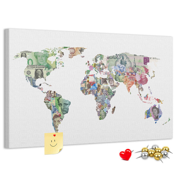 Tableau affichage liège Une carte du monde réalisée avec des billets de banque de différents pays
