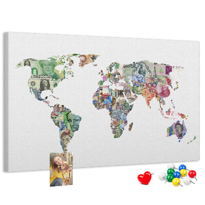Tableau affichage liège Une carte du monde réalisée avec des billets de banque de différents pays