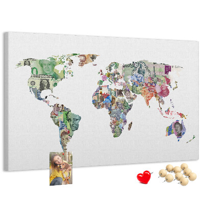 Tableau affichage liège Une carte du monde réalisée avec des billets de banque de différents pays