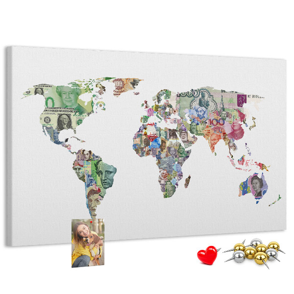 Tableau affichage liège Une carte du monde réalisée avec des billets de banque de différents pays