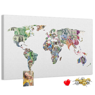 Tableau affichage liège Une carte du monde réalisée avec des billets de banque de différents pays
