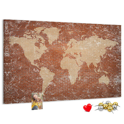 Tableau affichage liège Une carte du monde contre un mur de briques