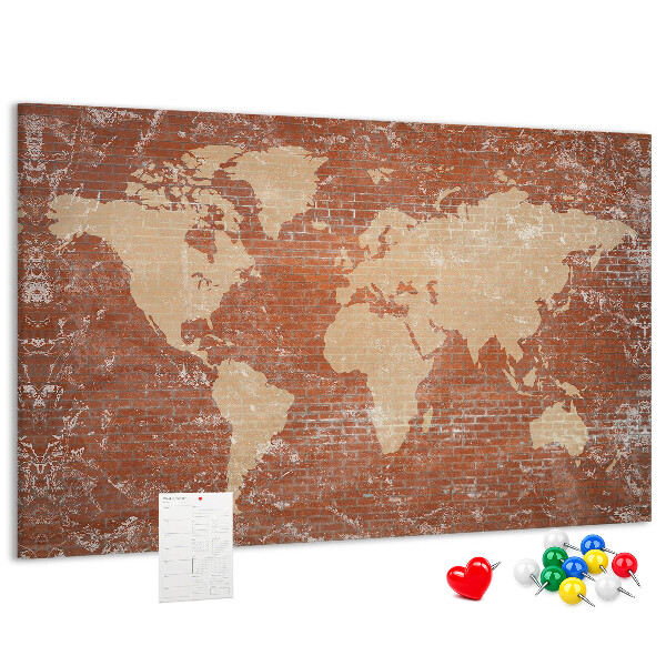 Tableau affichage liège Une carte du monde contre un mur de briques