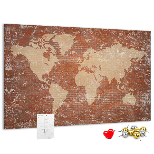 Tableau affichage liège Une carte du monde contre un mur de briques
