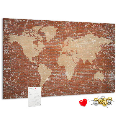 Tableau affichage liège Une carte du monde contre un mur de briques