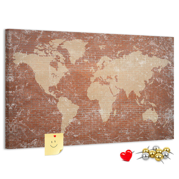 Tableau affichage liège Une carte du monde contre un mur de briques