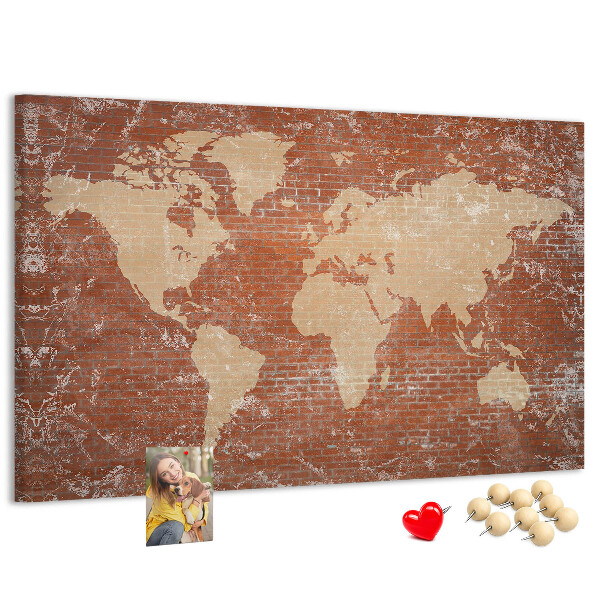 Tableau affichage liège Une carte du monde contre un mur de briques