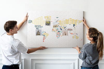 Tableau de liège Carte du monde avec les noms des pays en toutes lettres