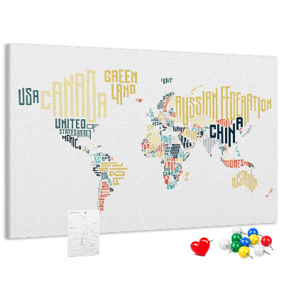 Tableau de liège Carte du monde avec les noms des pays en toutes lettres