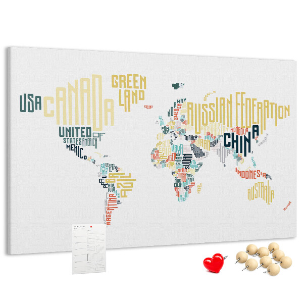 Tableau de liège Carte du monde avec les noms des pays en toutes lettres