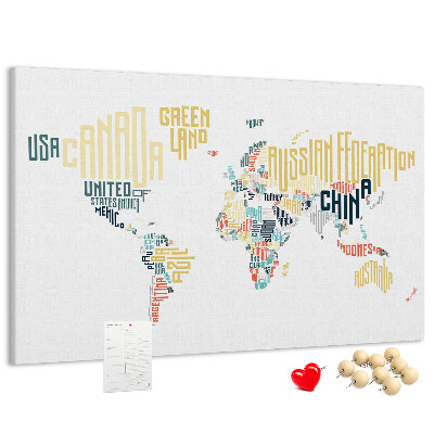 Tableau de liège Carte du monde avec les noms des pays en toutes lettres