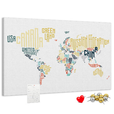 Tableau de liège Carte du monde avec les noms des pays en toutes lettres