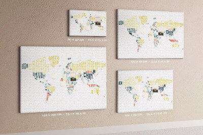 Tableau de liège Carte du monde avec les noms des pays en toutes lettres