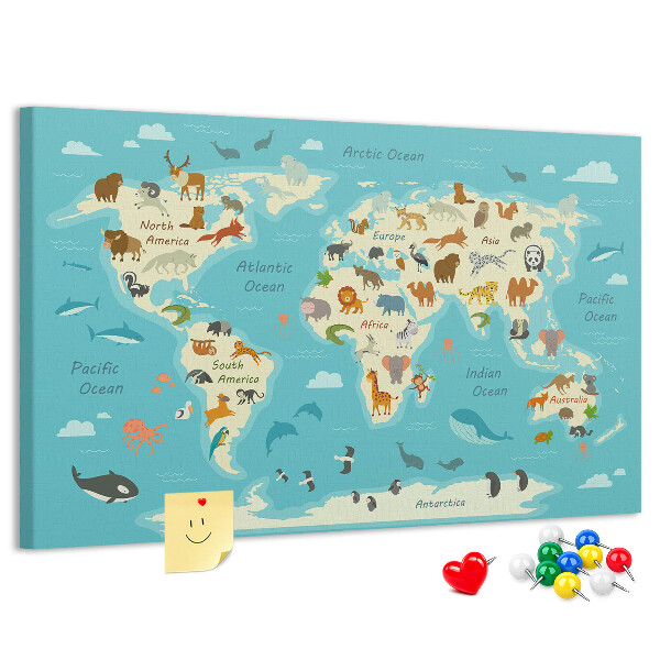 Tableau de liège Carte du monde avec les animaux sauvages