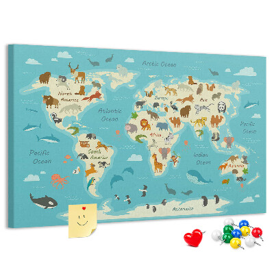 Tableau de liège Carte du monde avec les animaux sauvages