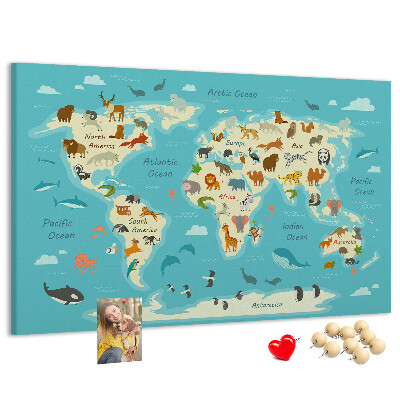 Tableau de liège Carte du monde avec les animaux sauvages