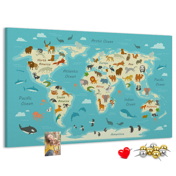 Tableau de liège Carte du monde avec les animaux sauvages
