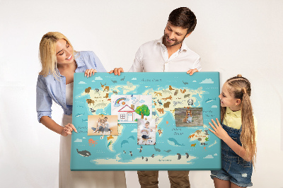 Tableau de liège Carte du monde avec les animaux sauvages