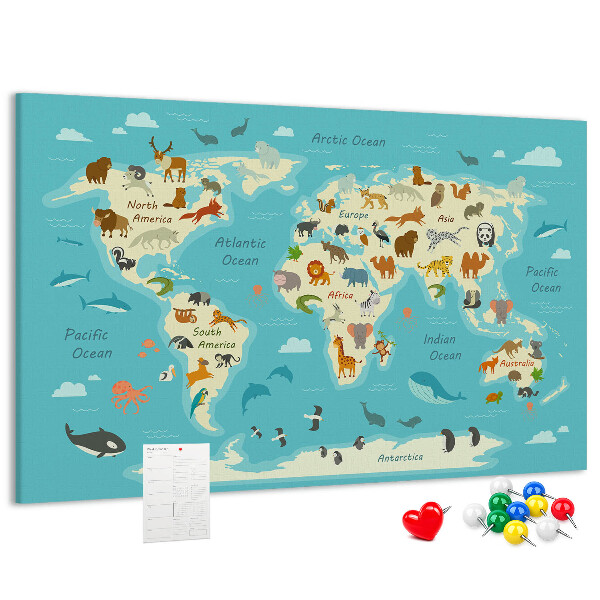 Tableau de liège Carte du monde avec les animaux sauvages
