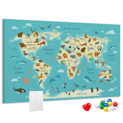 Tableau de liège Carte du monde avec les animaux sauvages