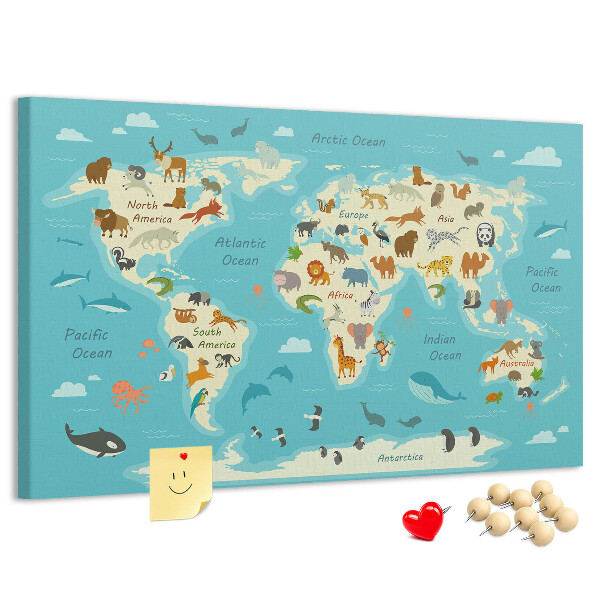 Tableau de liège Carte du monde avec les animaux sauvages